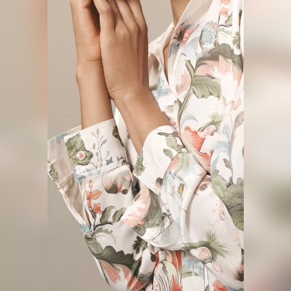 Anthropologie The Brielle Relaxed Buttondown Blouse Cream Floral Shirt - Picture 8 of 13